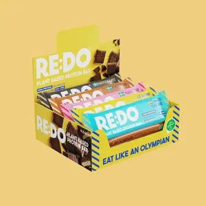 RE:DO Plant-Based Protein Bars Variety Pack, 10 Bars, High Vegan Protein, 2 Per Flavor - Mocca Latte, Chocolate, Raspberry, Salted Caramel, Swedish Chocolate Ball, Meal Replacement, Healthy Snack