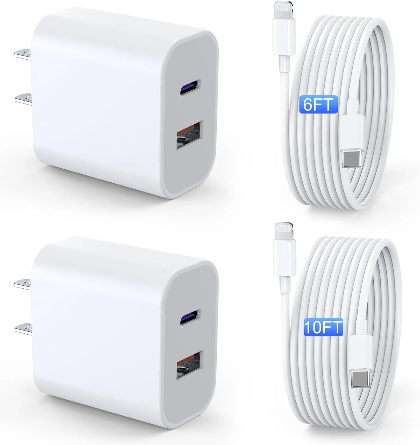 For iPad Charger 2 Pack – 20W Dual Port Fast Adapter with 6FT & 10FT Lightning Cable for iPhone, iPad Pro, Air, Mini