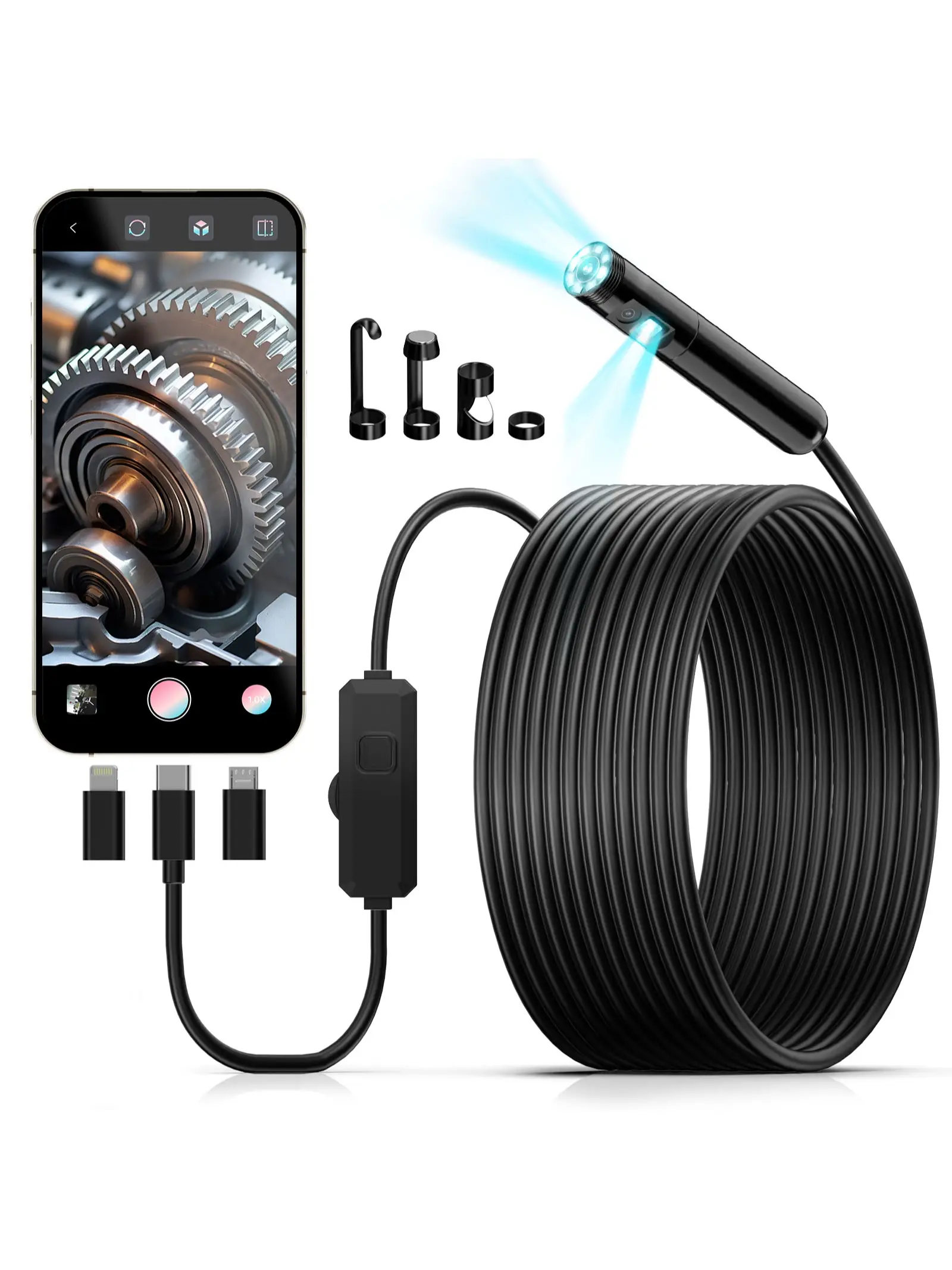 KAIWEETS Dual Camera HD Borescope Endoscope - 8 Adjustable LED Lights, IP67 Waterproof for Automotive, Plumbing & Home Inspections