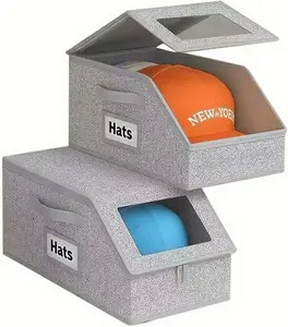Foldable Baseball Cap Organizer 2-Pack – Stackable Hat Box with Clear Window, Dust-Proof & Space-Saving Closet Storage, Hat Organizer for Women & Men (Grey) cap storage box