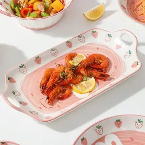 Strawberry Pattern Ceramic Plate, Cute Strawberry Pattern Baking Plate, Household Dinner Plate, Fruit Plate, Kitchenware