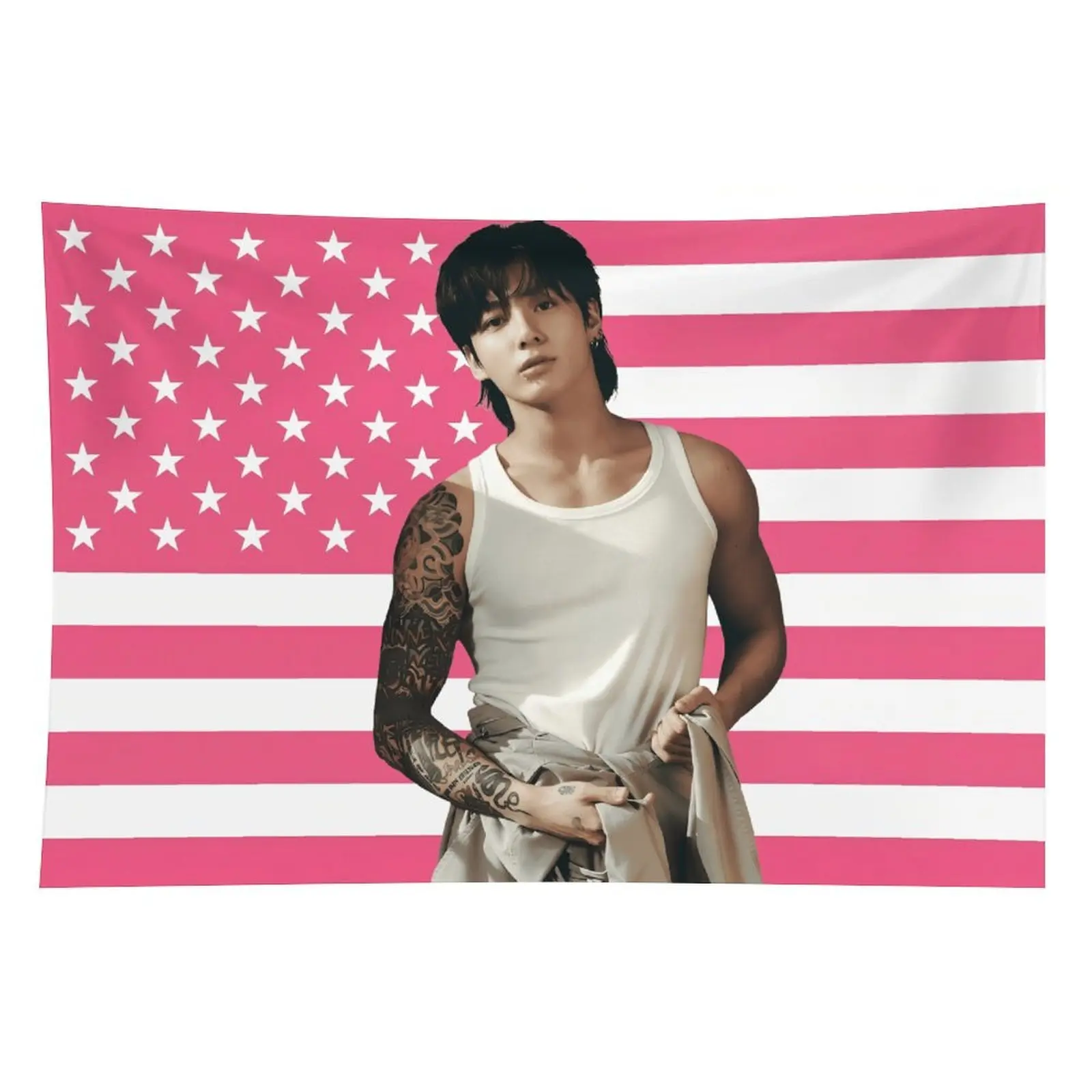 Jungkook Blush Pink American Flag Kpop Idol Linen-Blend Decorative Tapestry (60x40in) - 1pc Light, Sturdy Double-Stitched Polyester Fabric, Fade-Resistant Indoor Wall Decoration for Bedroom Aesthetic, Indoors