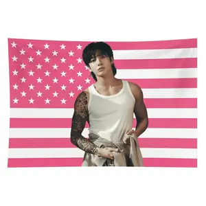 New Jungkook Blush Pink American Flag Kpop Idol Linen-Blend Rectangular Decorative Tapestry, Sturdy Double-Stitched Polyester Fabric, Fade-Resistant Home Decor Hanging Banner for Bedroom Dorm,summerwins summerwins Decoration