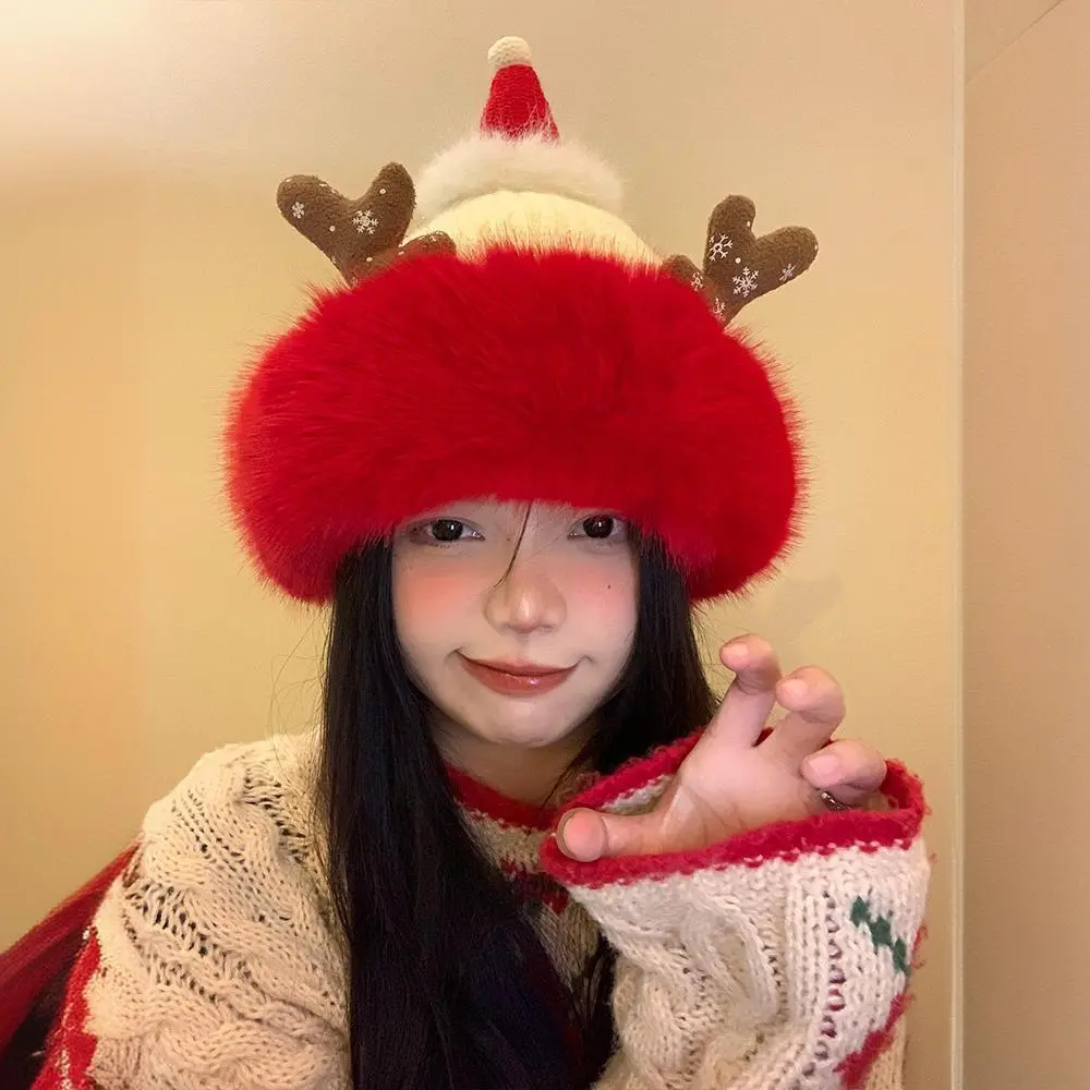 Christmas Plush Hat Christmas Reindeer Ear Hat Christmas Fluffy Hat Christmas Red Hat Christmas Reindeer Hat Christmas Warm Hat