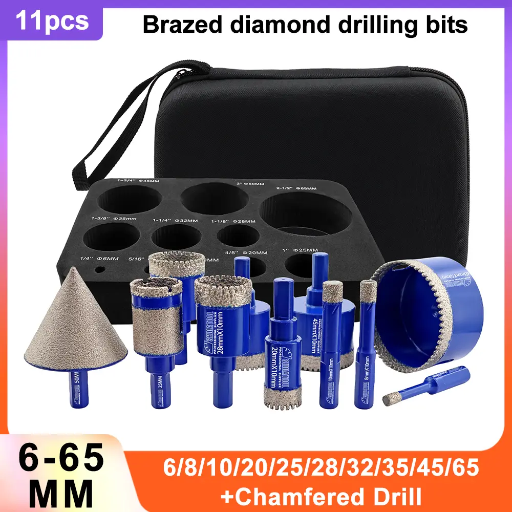 SHDIATOOL 11-Piece Diamond Drill Core Bits Kit Hole Saw Sets Diamond Drilling Mould Guide for Porcelain Tile Marble Ceramic Granite with Hollow EVA Guide Jig 11counts(6/8/10/20/28/32/35/45/65/25MM/2inch)