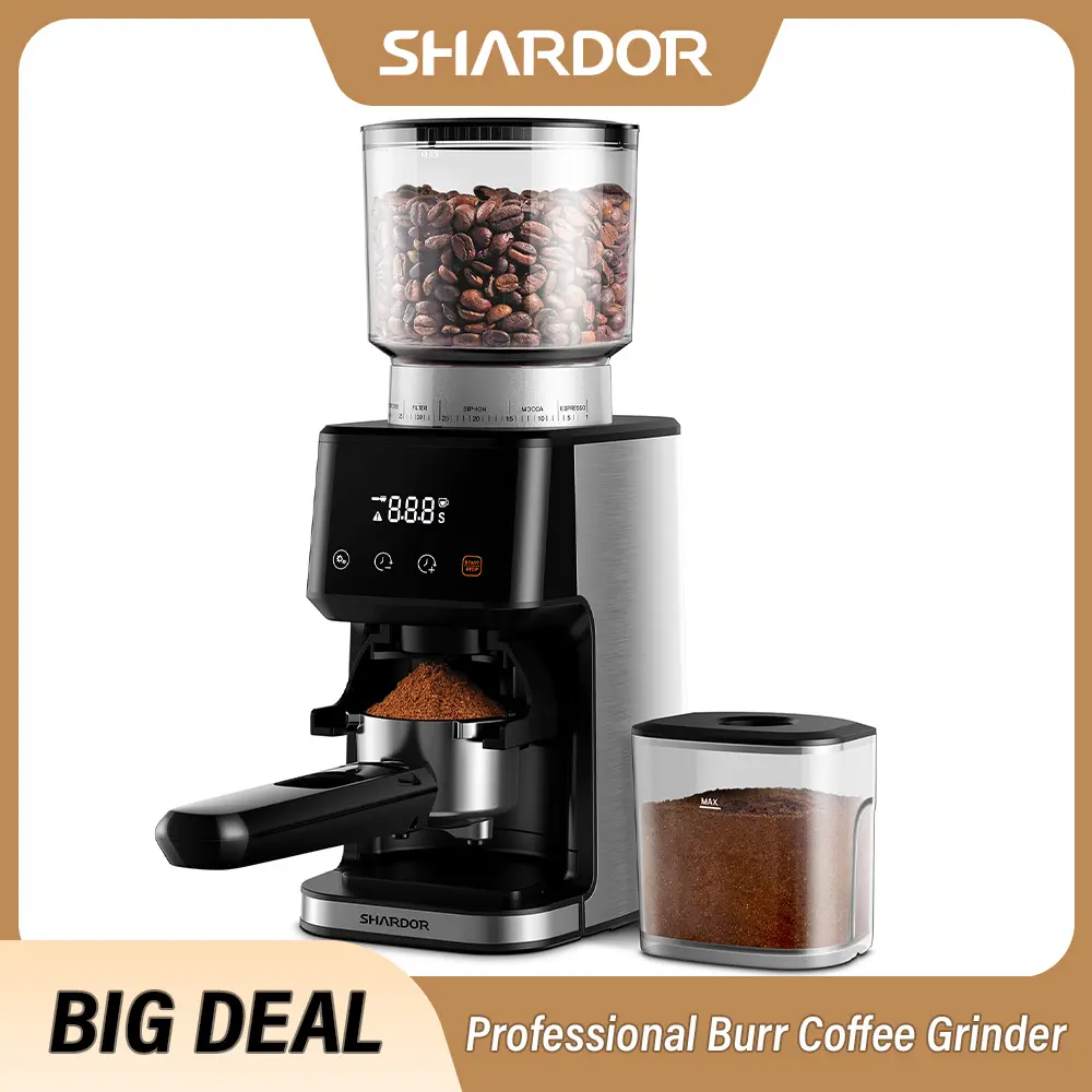 SHARDOR Stainless Steel Electric Conical Burr Coffee Grinder - 51 Precise Settings, 165W Power, Precision Timer, Touchscreen Adjustment, Cup Number Selection, Anti-Static, Easy to Clean, Cleaning Brush, Conical Shape, Even Grinds for Espresso Lovers