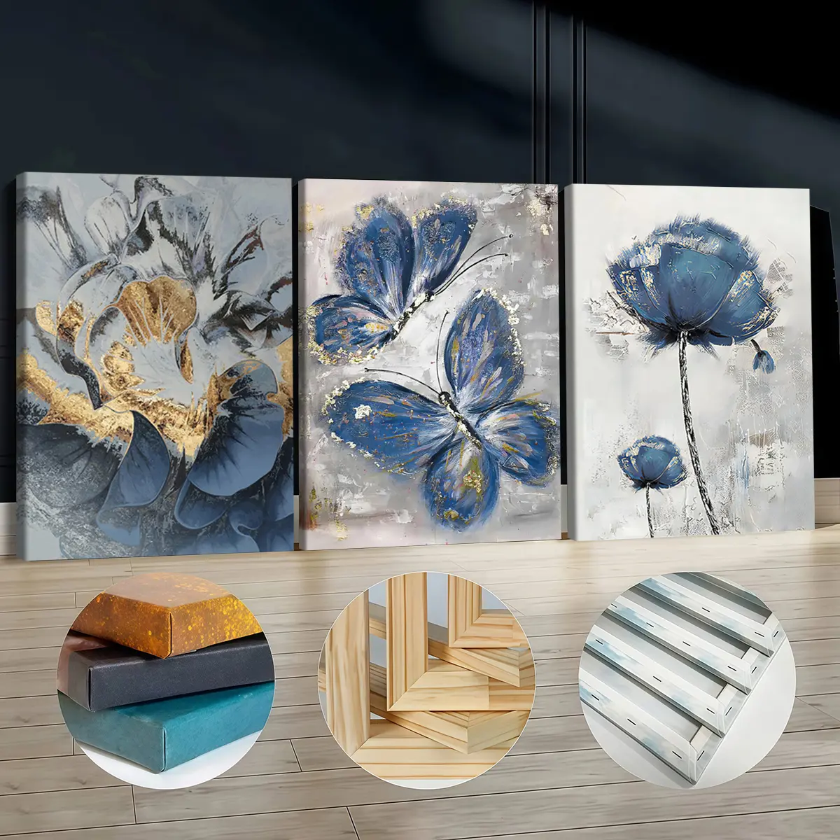 3Pcs Artistic Wooden Framed Canvas Art Set - Blue Butterflies, Colorful Style Flowers, Gold Foil Animals Painting, Odorless Gold Decor Wall Art for Living Room (Decor Inspo)