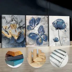 3Pcs Wooden Framed Canvas Painting, Blue Butterflies And Flowers Gold Foil, Exquisite Poster, Home Decoration, Pattern Wall Art Decor, For Living Room, Bedroom, Office, Restaurant, Bar Wall Decor, Odorless, Painting, Print Artwork.