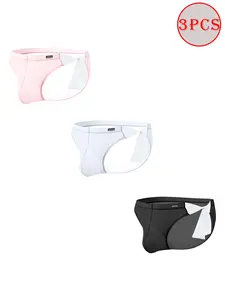 Men's 3-Piece Sheer Lace-Up Bikini Briefs Set - Low Waist Plain Silky Cooling Sporty Men's Underwear, 67% Nylon 33% Spandex, Quick-Dry Breathable, Hollow Bandage & U-Convex Design, for Gym, Swimming