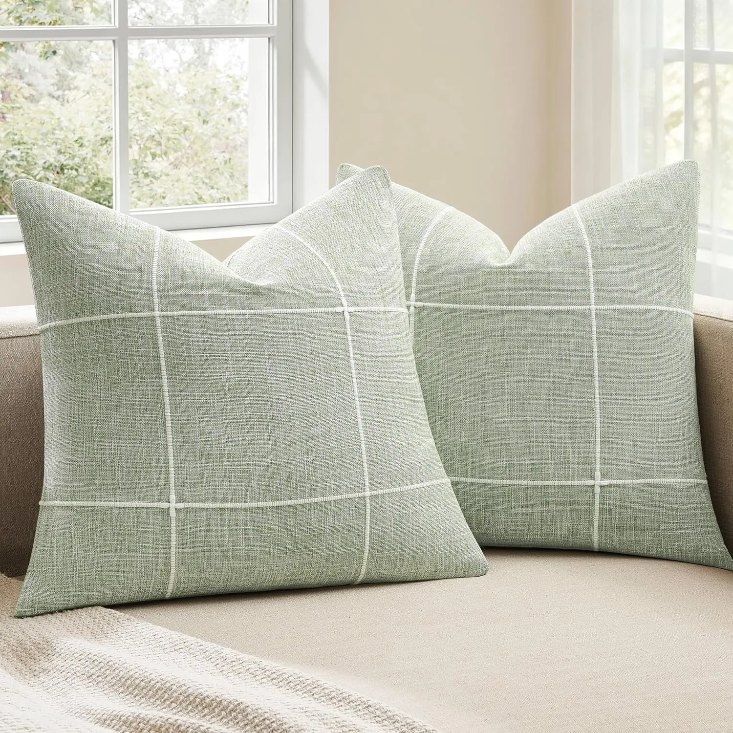 2-Pack Linen Fabric Grid Checked Print Pillow Covers 18x18in Sage Green - Farmhouse Look Decorative Cushion Covers for Sofa, Living Room Decor, Sofas Living Room, Grid Pattern