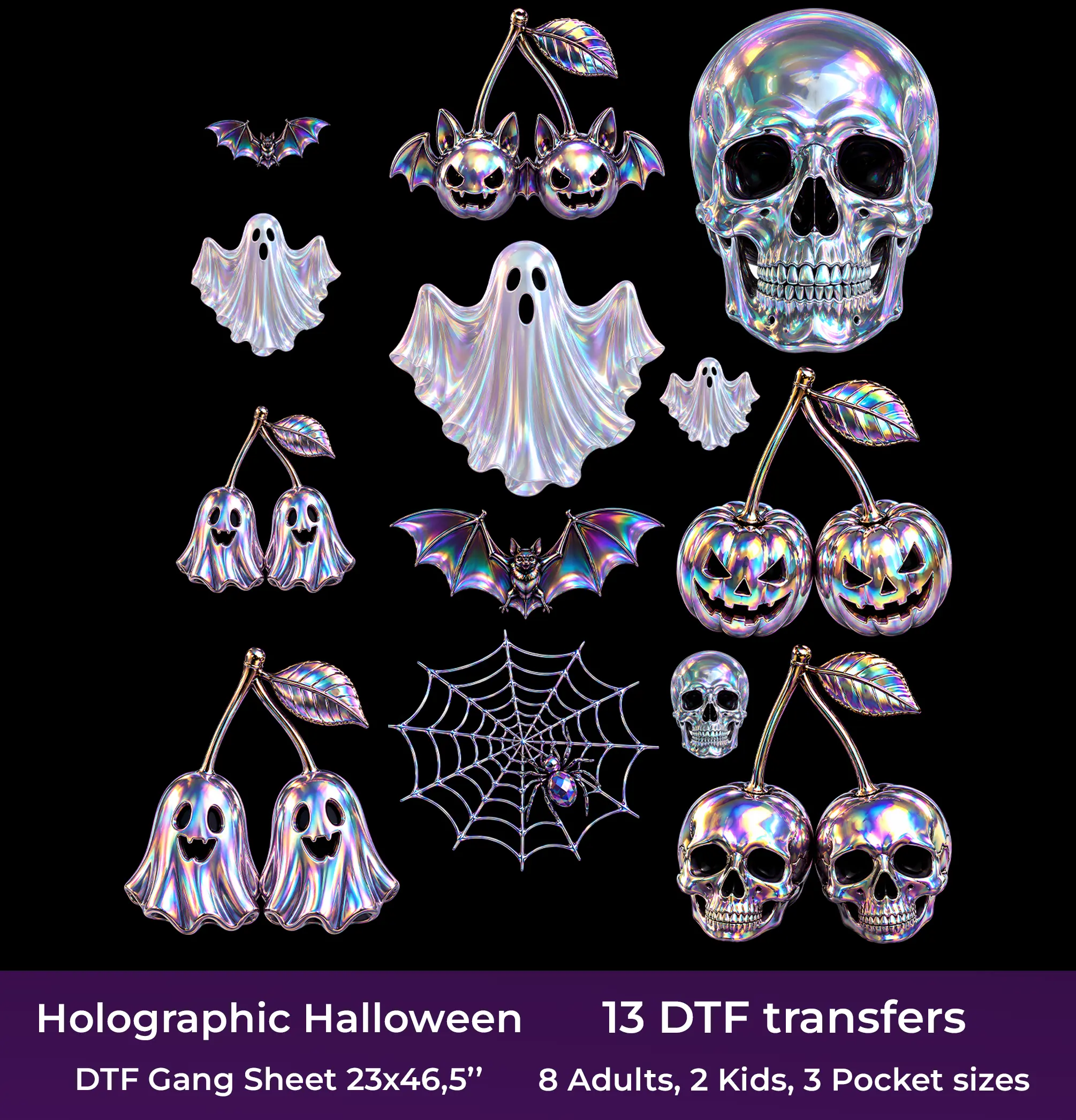 Holographic Halloween DTF Gang Sheet, 23x46.5 in. Realistic Heat transfers
