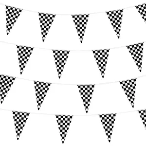 100ft Checkered Flag Banner, Racing Flags Race Car Wheels Birthday Party Decorations, Car Themed Party Decor Supplies 48pcs Double Sided Black and White Checkered Pennant Banner Flags for Nascar Fans