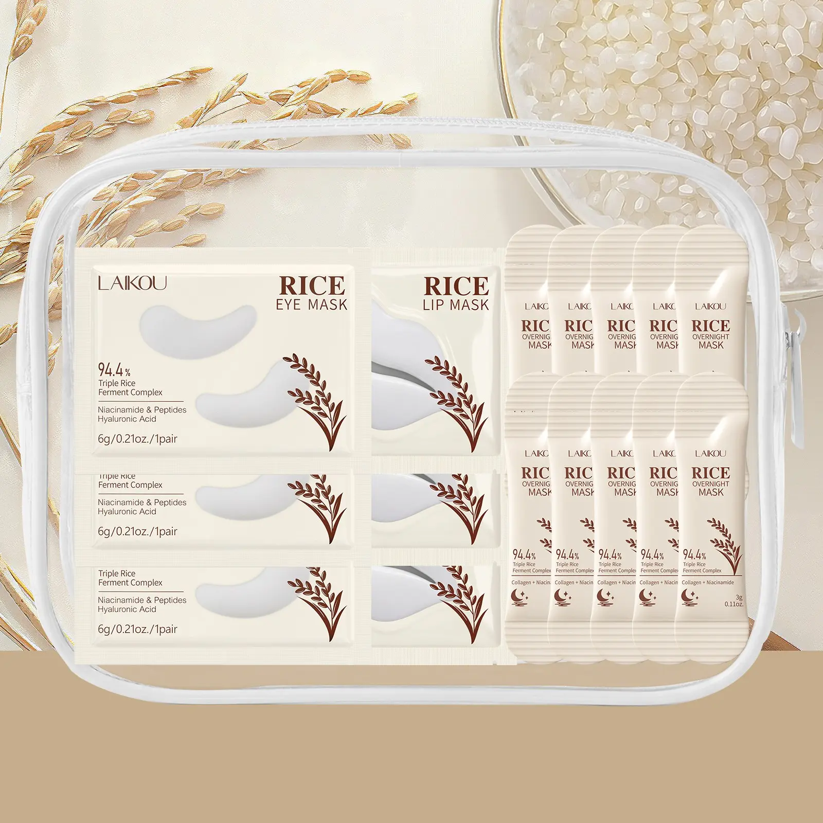 LAIKOU Rice Water Skincare Set - 17Pcs Affordable Overnight Face, Eye & Lip Care Kit for Students - Includes 10 Sheet Eye Masks, 3 Sleeping Masks & 3 Lip Masks with Small White Clear Bag - Deep Hydrating & Brightening Routine Hydration Care Set