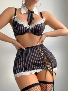 6pcs/Set Sexy Secretary Costume, Includes Striped Lace Fishnet Garter Dress, Tie And Stockings