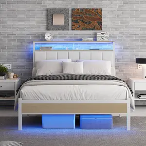 Twin Size Bed Frame Upholstered Headboard with Charging Station LED Lights Metal Frame 2-Tier Storage Shelves No Box Spring Needed Black Modern Bedroom Furniture Easy Assembly