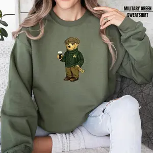 Lucky Teddy Bear St Patricks Day Sweatshirt, Preppy Irish Beer Lover Crewneck, Plaid Shamrock Bear Pub Crawl Sweater, Trendy Teddy Bear Gift