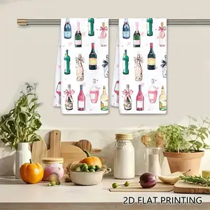 2Pcs Assorted Wine & Champagne Bottles Dishcloth, Pink & Green Alcohol Pattern Cleaning Cloth, Party Celebration Reusable Towel
