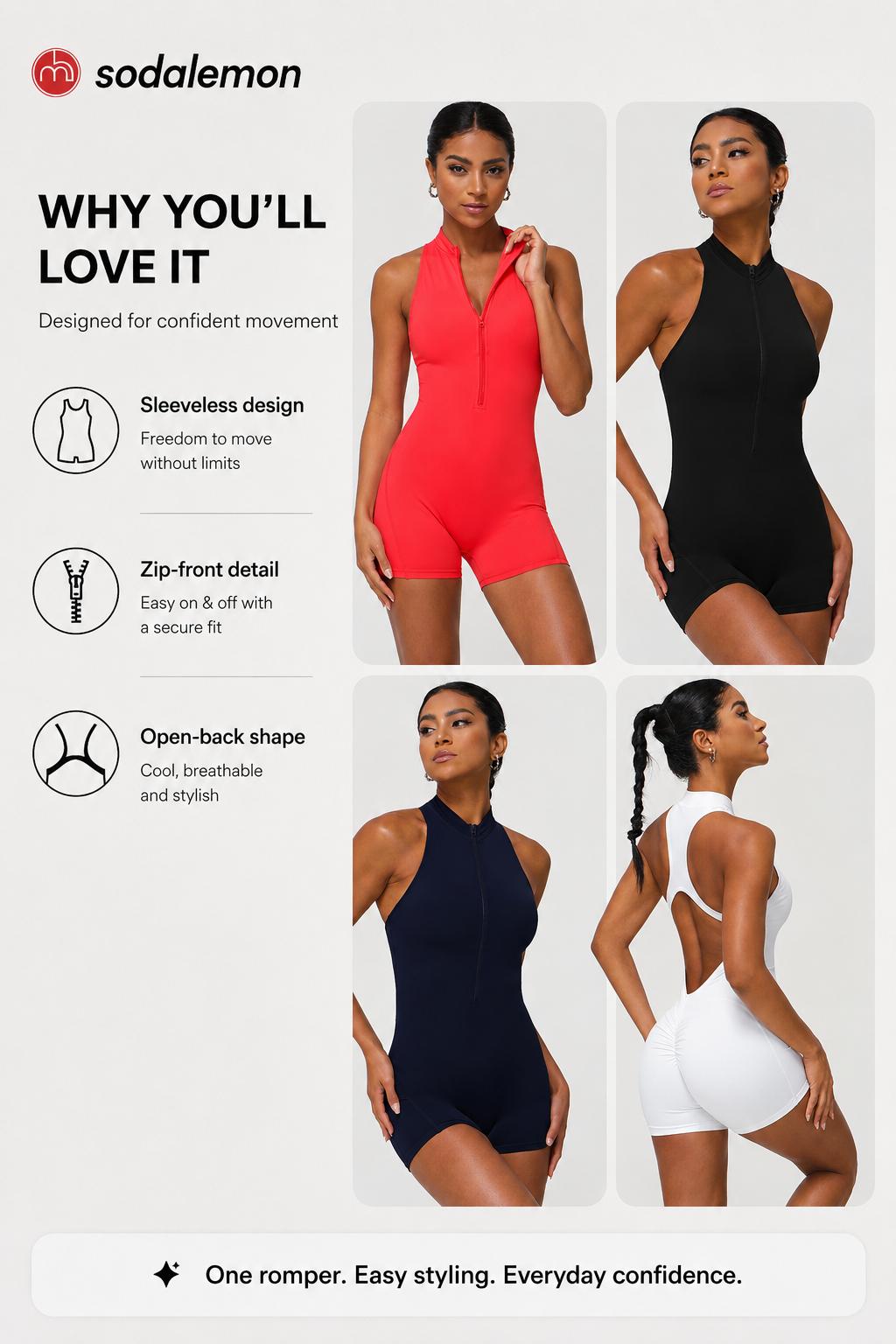 Women's Solid Color Tight-Fitting Jumpsuit, Half Zip Sleeveless Backless Design, High Stretch Yoga Fitness Jumpsuit,back to school,back to school haul