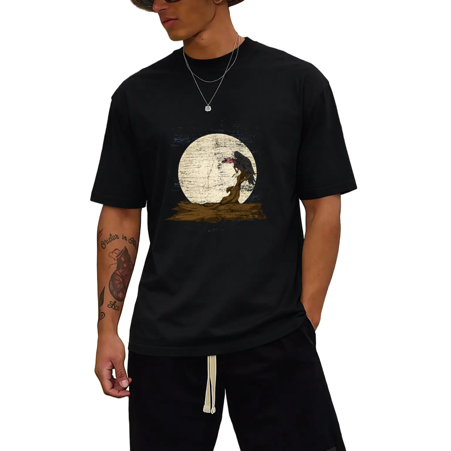 Scavenger Bird Moonlight Full Moon Turkey Vulture Vulture T-Shirt[Cool Design] Street Trending Style Women's Tee Comfortable Cotton Round Neck Shorts Same Gender Design and Sleeves Men's T Shirts