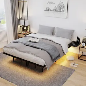 Full/Queen Size Floating Bed Frame with 2 Side Shelves and LED Lights, Heavy Duty Metal Platform Bed Frame with Metal Slats Support, No Box Spring Needed, Noise Free, Easy Assembly (Black)