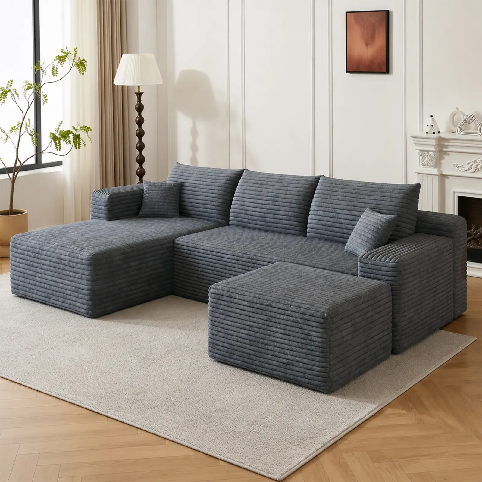 95" Plush Corduroy U-Shaped Cloud Sectional Sofa Set with 1 Ottoman, Modern Minimalist Upholstered Deep-Seat Corner Couch for Living Room, No Assembly Required, Dark Grey