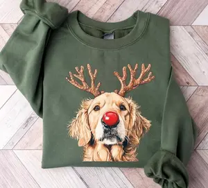 Rudolph Dog Sweatshirt, Cute Golden Retriever Reindeer Hoodie, Christmas Pullover with Red Nose, Holiday T-Shirt for Men and Women