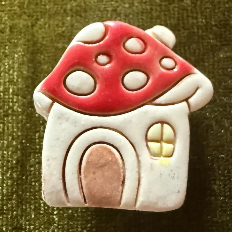 Handmade Porcelain Pin Mushroom House with Red Cap and White Body Unique Decorative Accessory for Bags and Hats