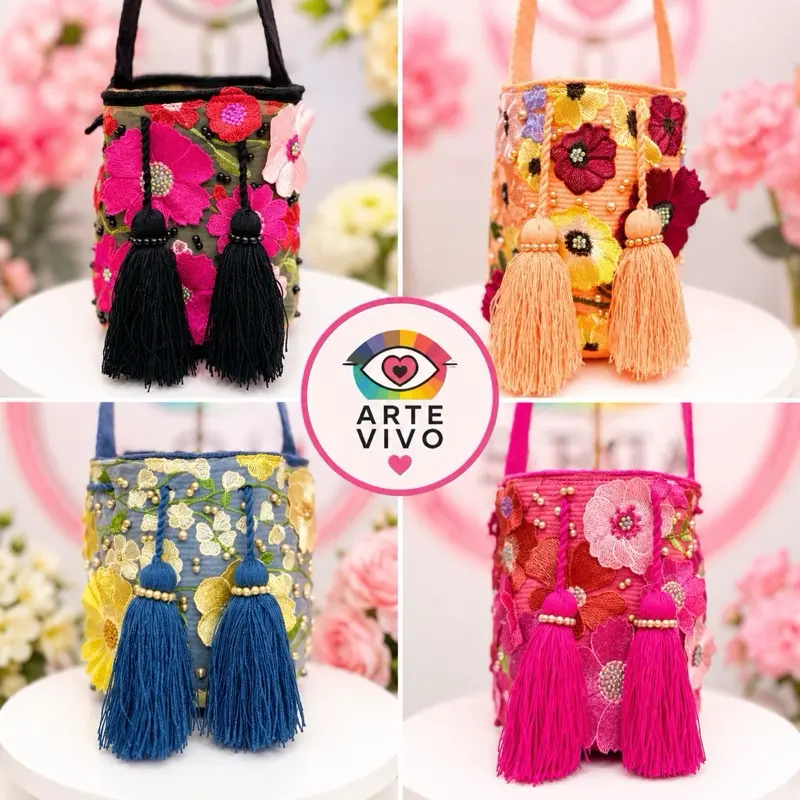 Handmade Floral Wayuu Crossbody Bag – Embroidered Crochet Bucket Bag with Tassels, Rhinestone Details, Artisan Boho Purse for Women