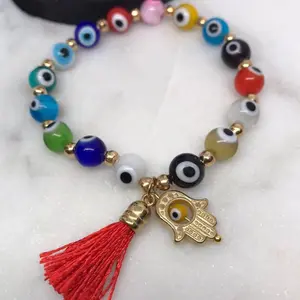 Turkish Eye Bracelet with Hamsa Hand Charm Multicolor Elastic Beaded Jewelry for Women