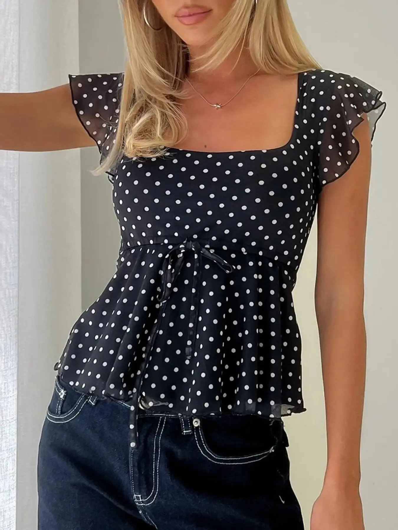Chiffon Polka Dot Crop Top, Women's Cute Babydoll Casual Daily Blouse, Summer Top