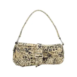 Y2K Leopard Print Shoulder Bag Denim Handbags Retro Cheetah Purses Top Handle Buckle Clutch Underarm Bag