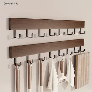 Walnut Wood Wall Mounted Coat Rack with 6/8 Black Hooks, Adhesive Mounted Entryway Hooks, Modern Natural Wooden Pegs for Hanging Coat Clothes Hat Bag Purse Key and Towel