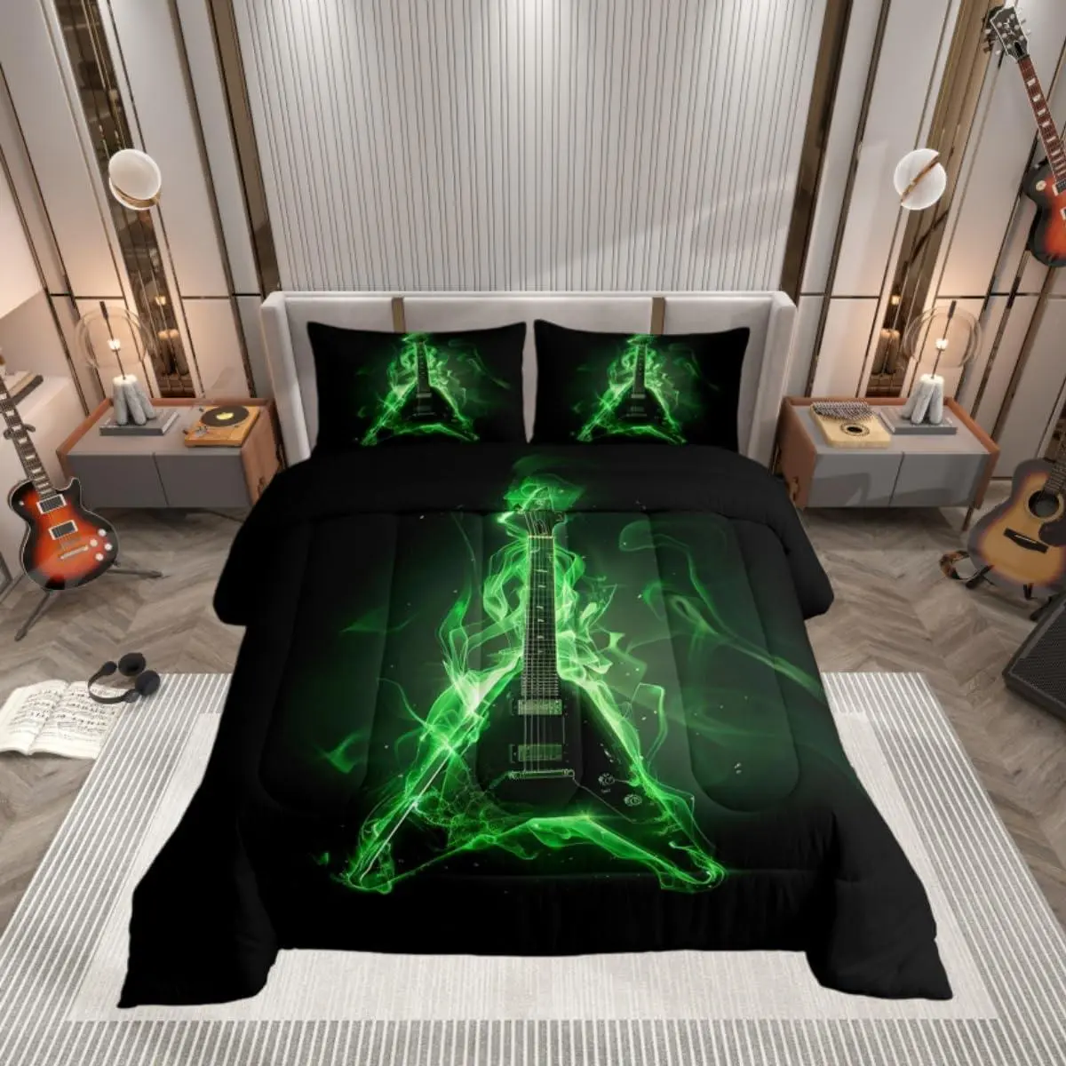 Rock Music Kids Comforter Set,Electric Guitar Bedding Comforter Set,Guitar Musical Instrument Quilt Set,for Boys Girls,Neon Green Flame Modern Artistic Duvet Insert