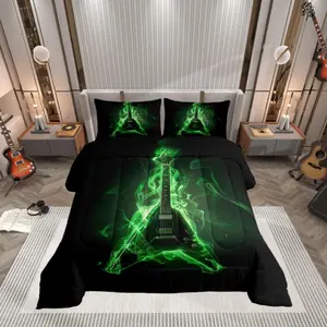Rock Music Kids Comforter Set,Electric Guitar Bedding Comforter Set,Guitar Musical Instrument Quilt Set,for Boys Girls,Neon Green Flame Modern Artistic Duvet Insert