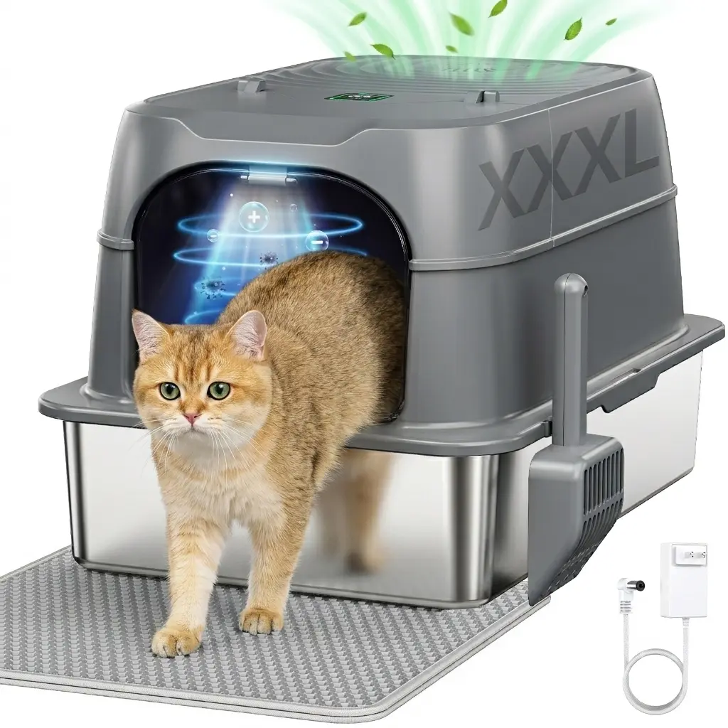 60L Stainless Steel Cat Litter Box With Lid,Automatic Smart Odor Control Reduction,Plasma Sterilization Deodorizer,3-in-1 Detachable Enclosed,High Sided Anti-Urine Leakage,Include Mat & Scoop,Non-Stick,Easy Clean,Scratch Resistant,Rust Free,Cat Tray Pet,,