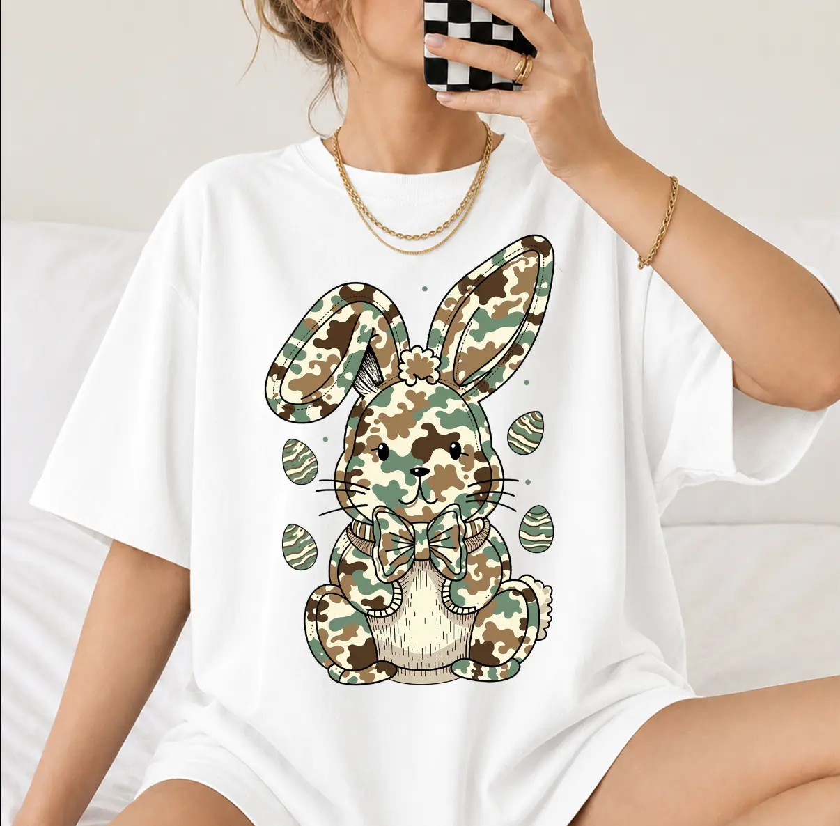 Happy Easter Egg Hunter Cute Bunny Shirt, Easter Bunny Tee, Camo Bunny Doodle, Retro Easter Camouflage Bow Gift