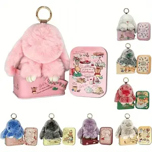 Cute Fluffy Bunny Keychain with Creative Metal Gift Box, Soft Plush Animal Key Chain, Adorable Bag Charm, Car Key Pendant and Backpack Hanging Decor