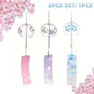 Japanese Cherry Blossom Wind Chime, Handmade Glass Ornament, Blue, Perfect Gift for Friends Family, Home Garden Decor