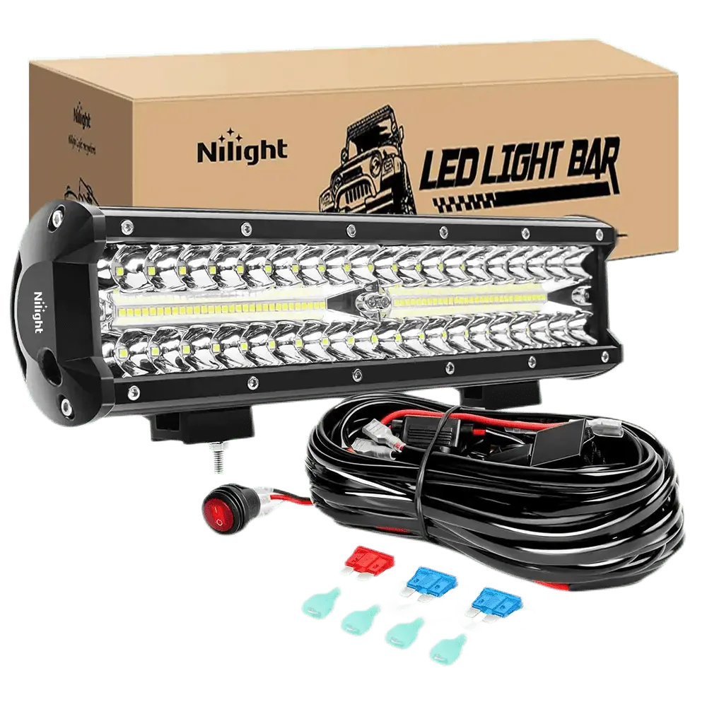 Nilight 12-Inch 300W 30000LM Triple Row Spot/Flood LED Light Bar Kit with 16AWG Wire and 3-Pin Switch, Work Light, Light Bulbs
