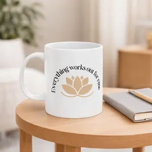 Everything Works Out For Me Mug – Affirmation Coffee Mug With Lotus Design – Positive Mindset Gift Aesthetic Mug