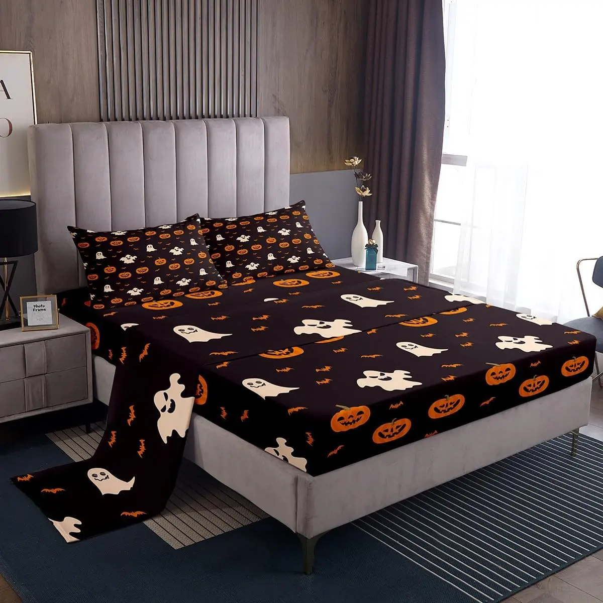 Feelyou Halloween Microfiber Sheet Set - Multiple Sizes, Soft Bedding with Deep-Pocket Fitted Sheet, Breathable Ghost & Pumpkin Lantern Design, Soft Bedding Sheet