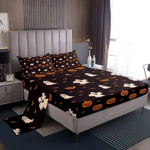 Pumpkin Lantern Sheet Set Multiple Size,Halloween Sheets with Deep Pocket Fitted Sheet,Pumpkin Lantern  Breathable Ghost Bed Sheets Set