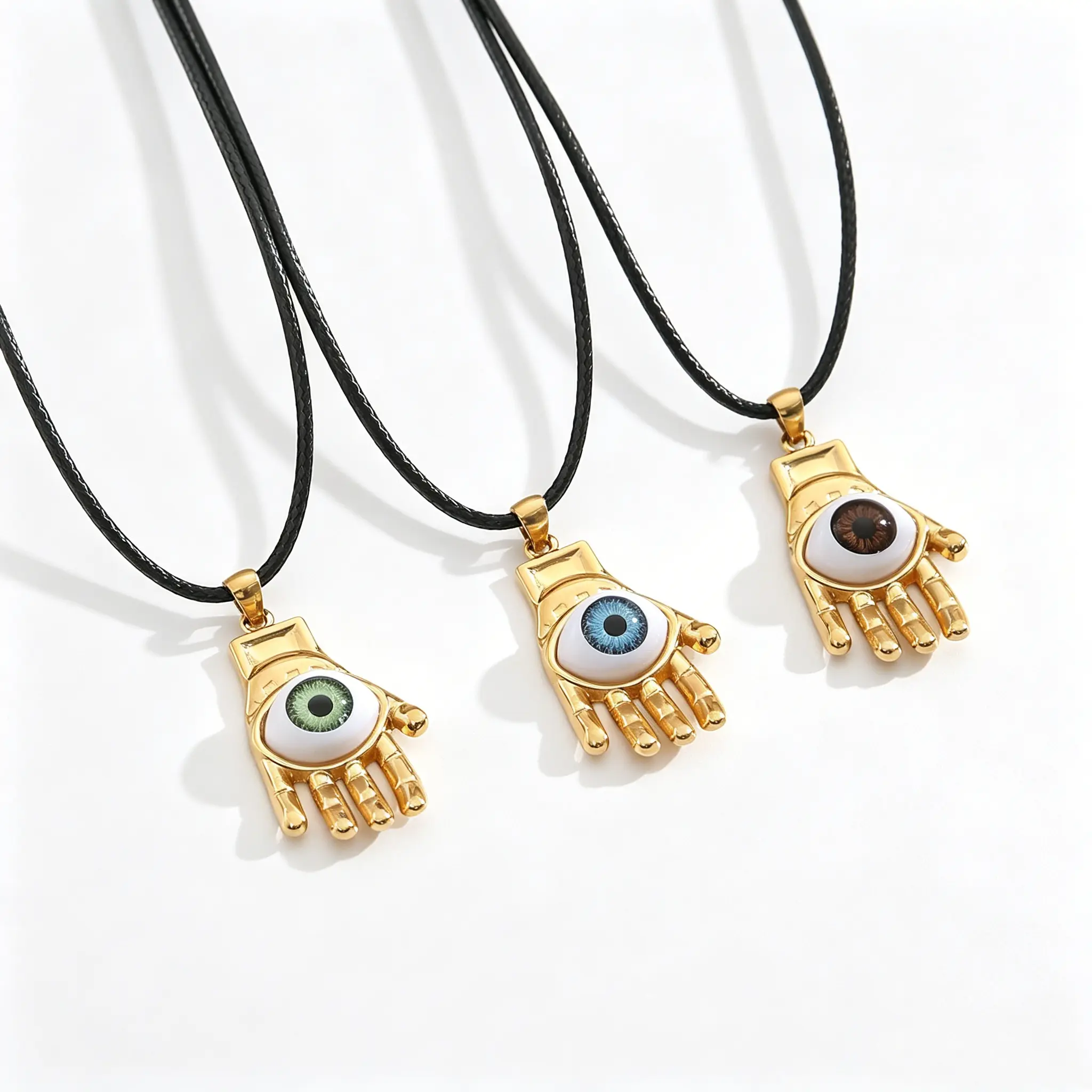 Vintage Hamsa Hand Evil Eye Pendant Necklace, Polished Gold Palm Charm With Multi-Color Realistic Eyeball, Adjustable Soft Black Wax Rope Chain, Unisex Gothic Streetwear Accessory For Daily Layering & Unique Holiday Gifts