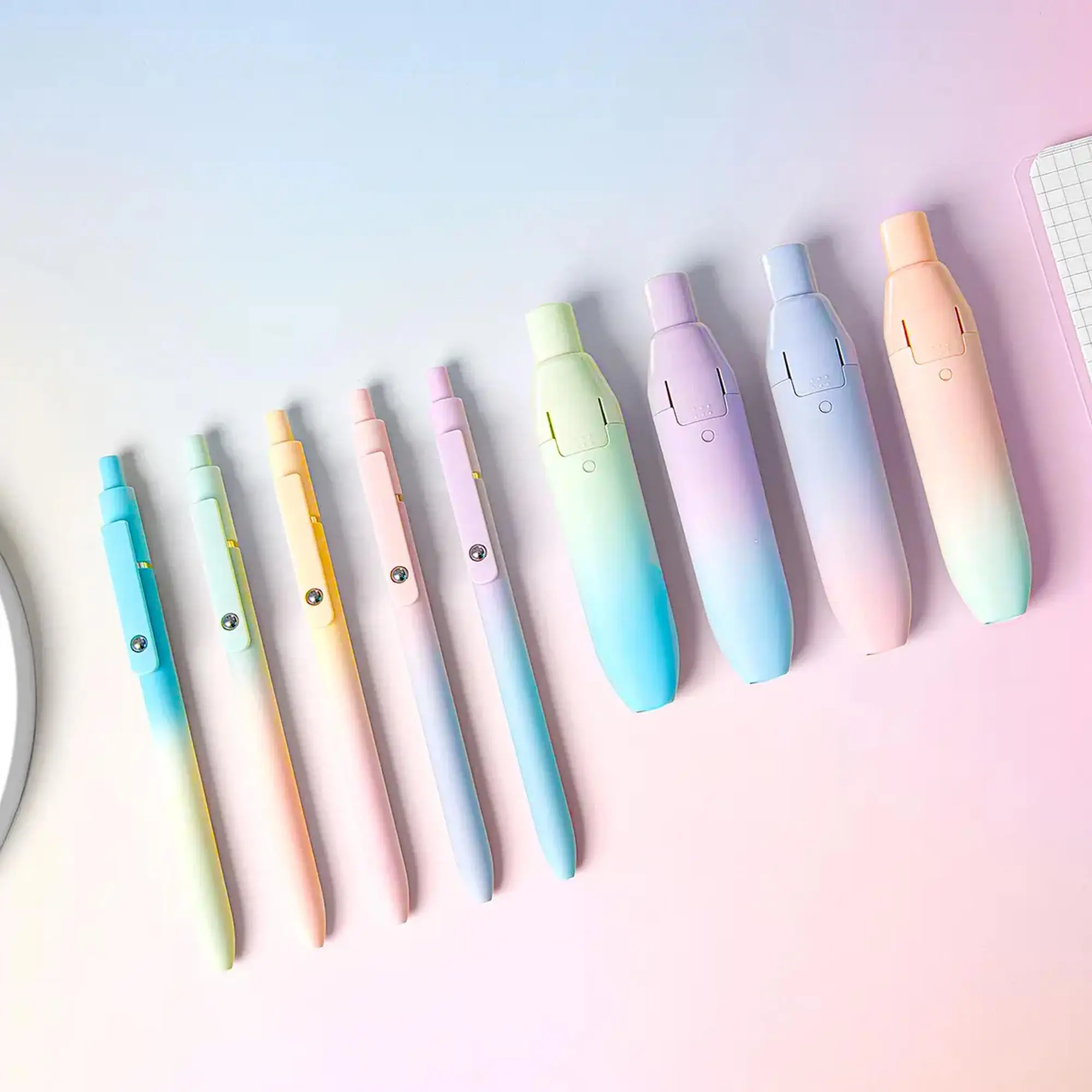 Gradient Color Stationery Set, 9 Counts/set Including 5 Counts 0.5mm Black Ink Ballpoint Pen & 4 Counts Removable Press Type Correction Tape, Writing