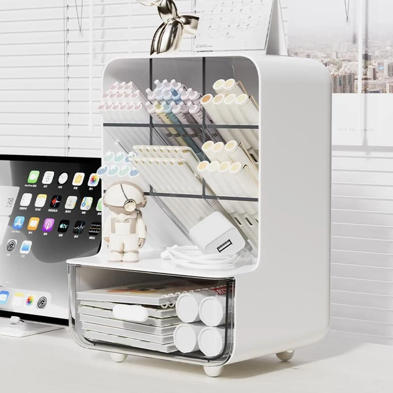 Pen Organizer for Desk, Desk Organizer with Drawer, Multi-Functional Pencil Holder with 6 Compartments and 1 Drawer Organization Storage Accessories for Office Home School Workspace (White)