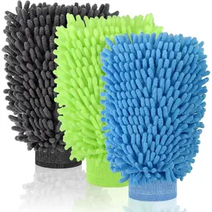 3 Pack Chenille Microfiber Car Wash Mitt, 7" x 9.6" Car Washing Mitts, Home Dusting Gloves, Scratch Free Lint-Free, Highly Absorbent, Double Sided, for Cleaning Detailing Polish (Blue,Green,Grey)