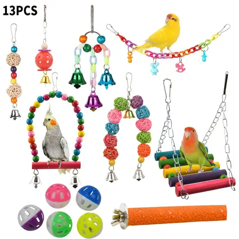 Random Color Parrot Toy, 13pcs/set Interactive Bird Chewing Toy Include Bird Swing, Perch, Stand, Bell, Hanging Hammock, Bird Cage Toy Suitable for Parakeet