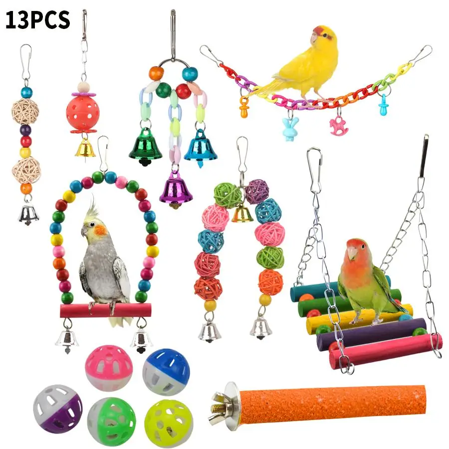Random Color Parrot Toy, 13pcs/set Bird Chewing Toy Include Bird Swing, Perch, Stand, Bell, Hanging Hammock, Bird Cage Toy Suitable for Parakeet