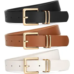 3 PACK Women Leather Belts for Jeans Pants Dresses Fashion Ladies Waist Belt with Gold Square Buckle trendy exquisite belt
