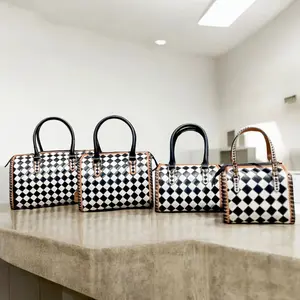 Checker Tooled Leather Speedy Bag - Genuine Leather with Comfortable Adjustable Straps & Multiple Pockets Available  Large & Extra Small Sizes for Travel (SMALL & MEDIUM- OUT OF STOCK: RESTOCKING)